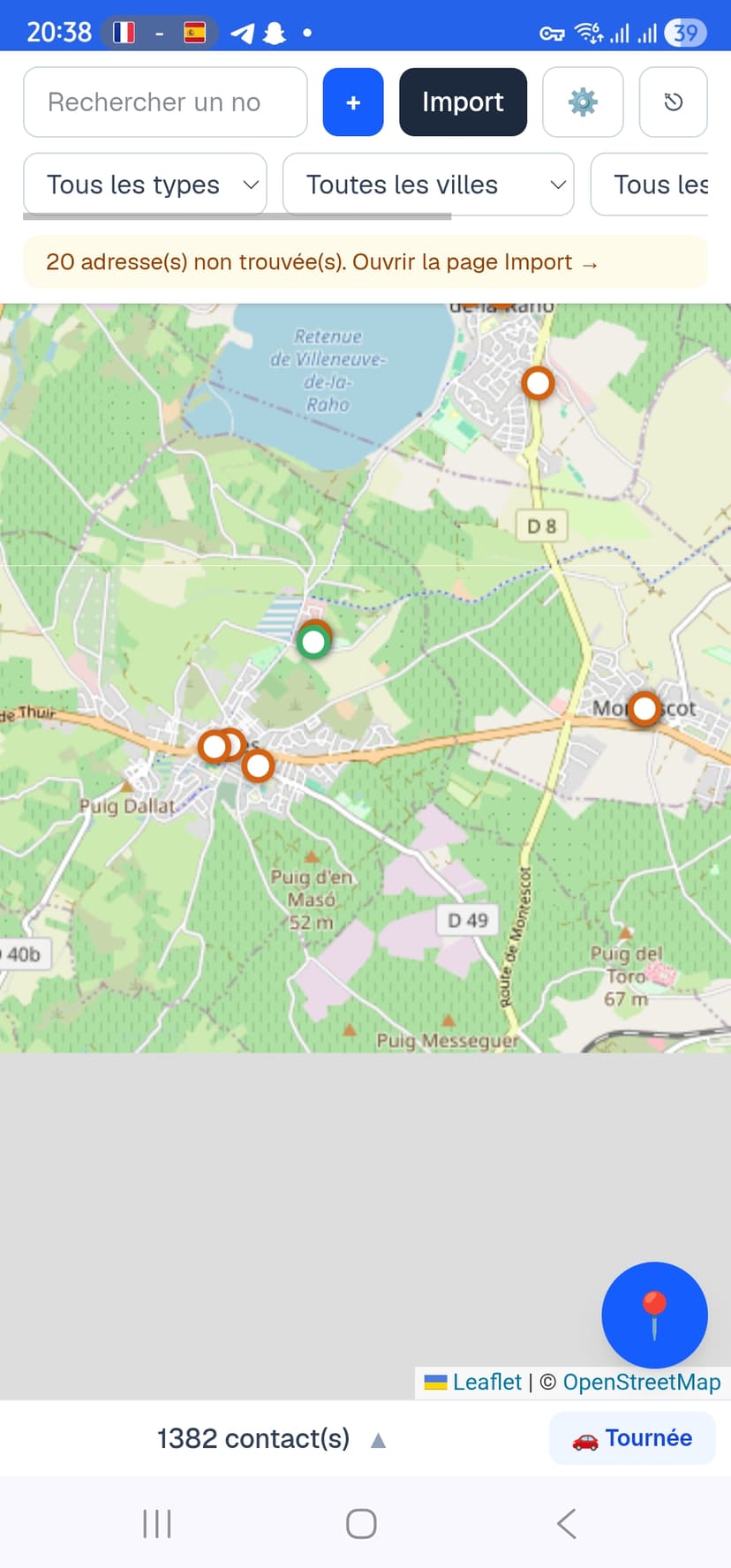 Carte des comptes prospects avec code couleur selon l'ancienneté de visite