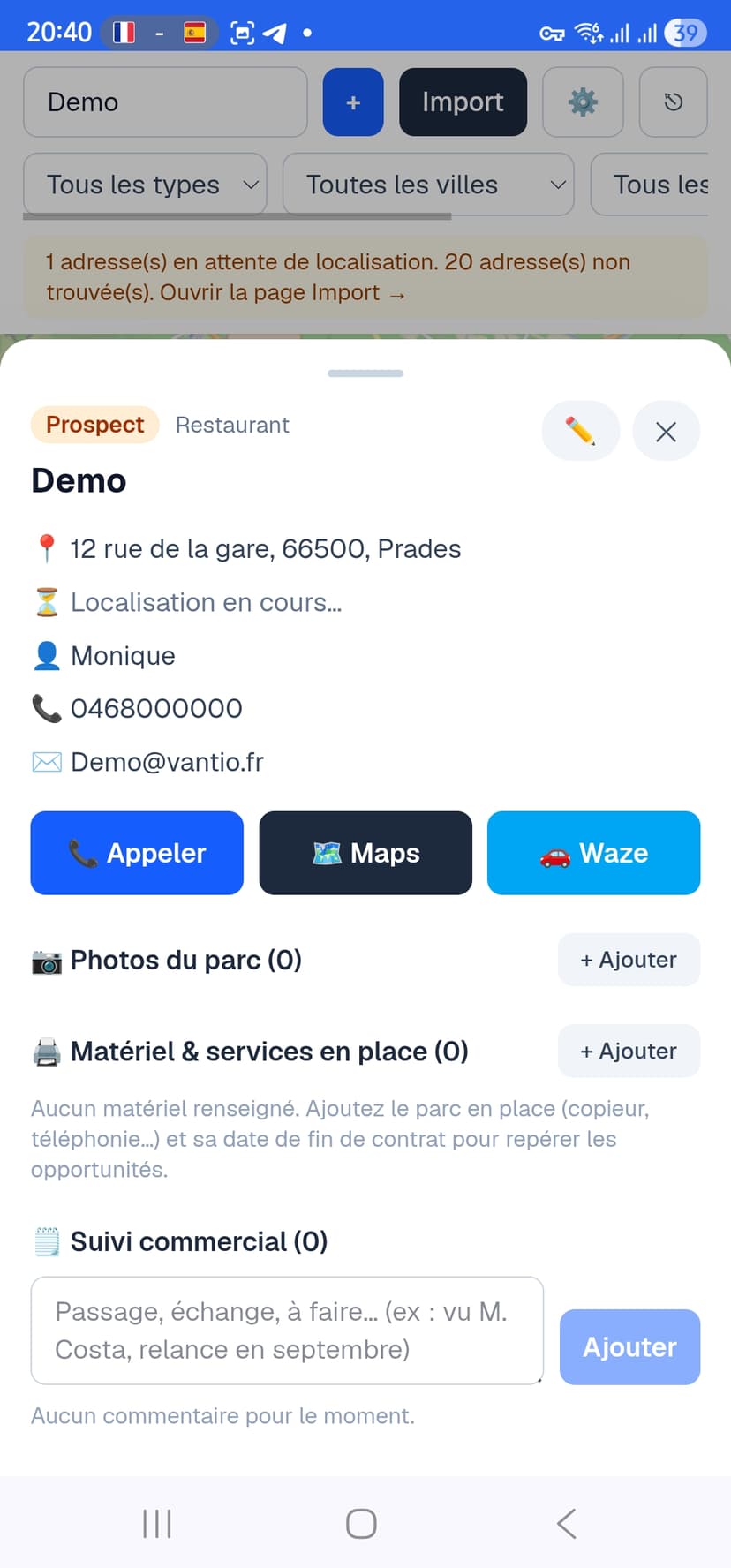 Fiche compte détaillée avec équipement en place et suivi commercial
