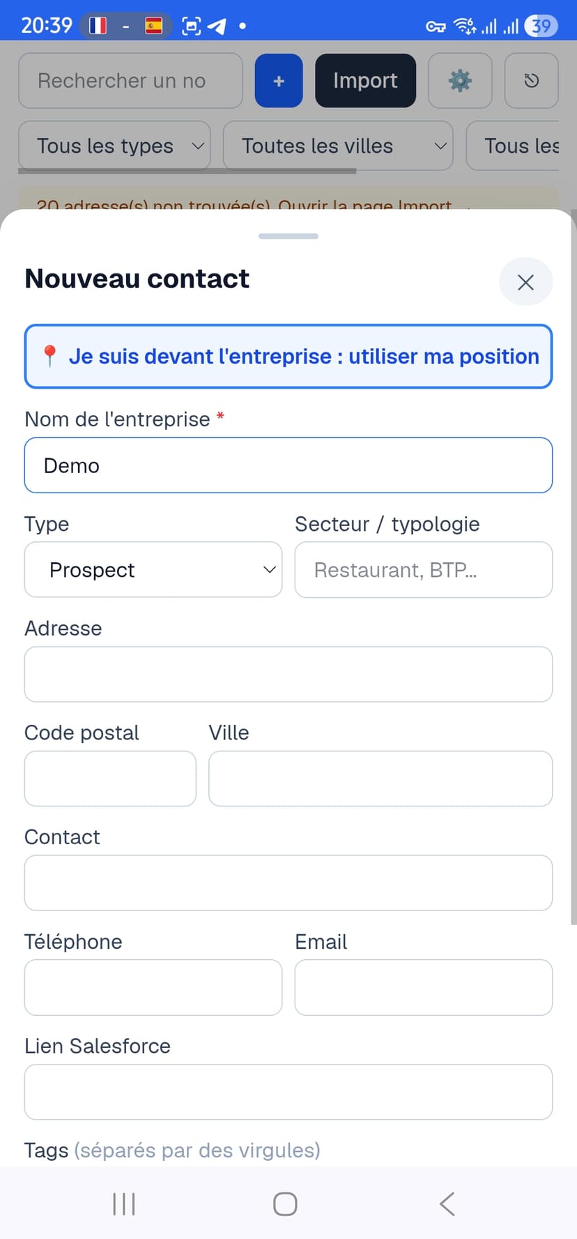 Formulaire d'ajout d'un nouveau compte prospect sur le terrain